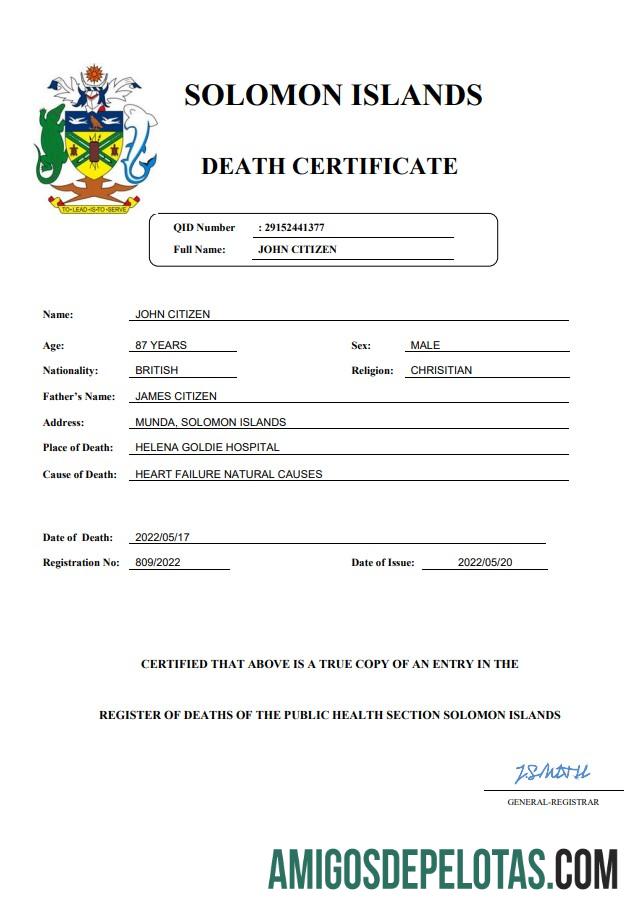 Para baixar modelo Word e PDF de certidão de óbito de registro vital das Ilhas Salomão